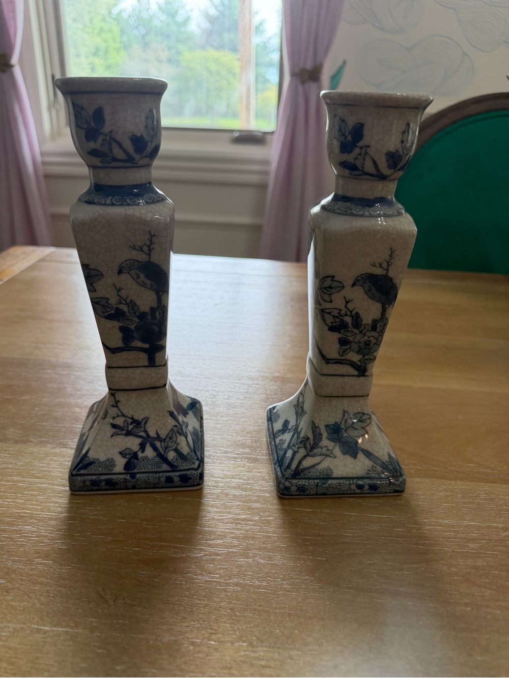 Blue and White Ceramic Candlestick Holders - Pair